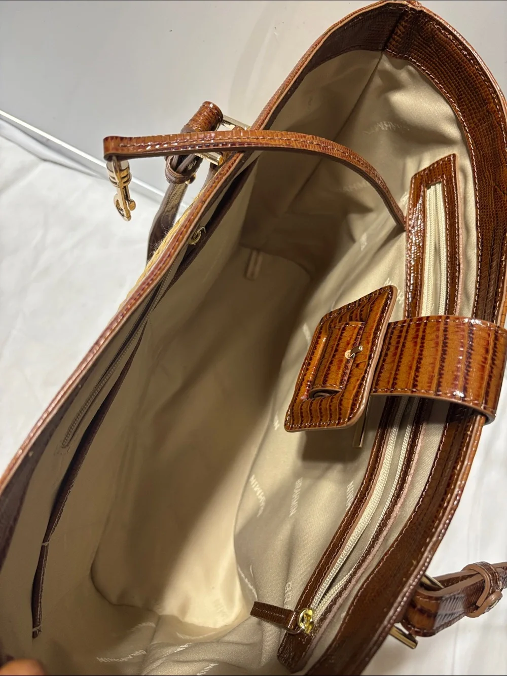 Brahmin Natural Woven Tote with Brown Trim. EUC